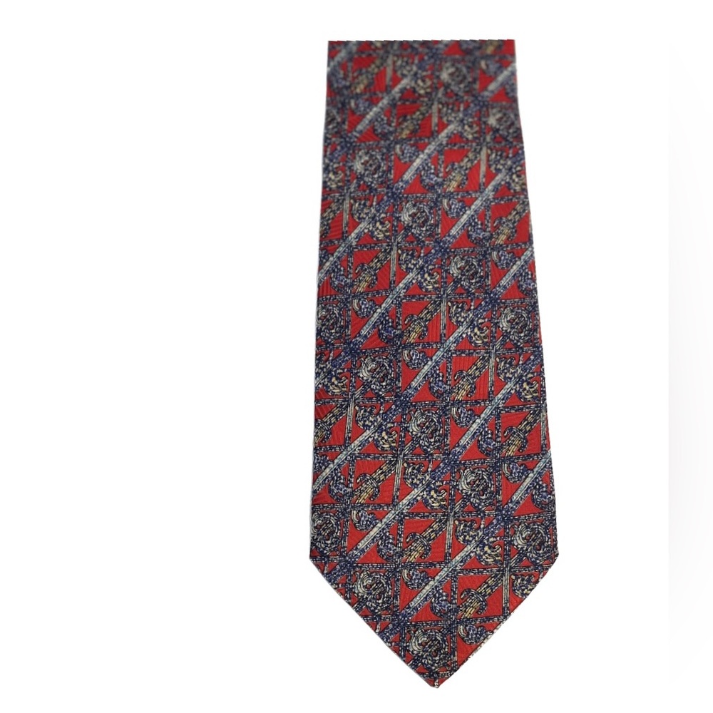 Brioni Men's Necktie Red Blue 100% Silk Tie Anchor Print